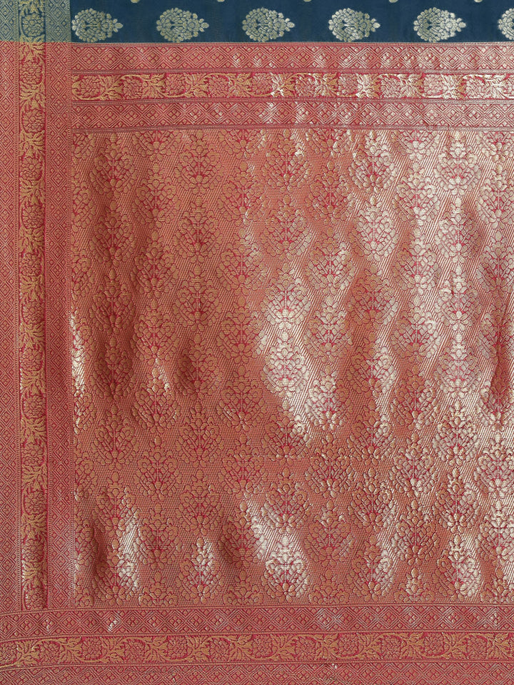 Blue Silk Blend Banarasi Woven Saree With Contrast Pallu