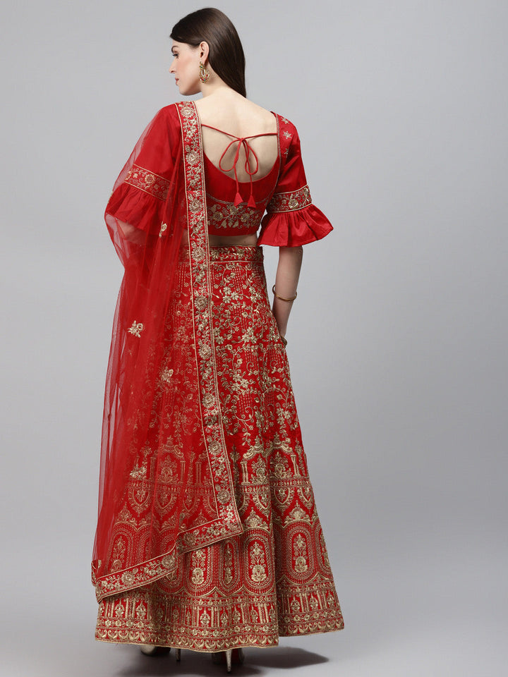 Red Bridal Semi-stitched Lehenga Set with Mughal Motif Embroidery & Crystal Embellished
