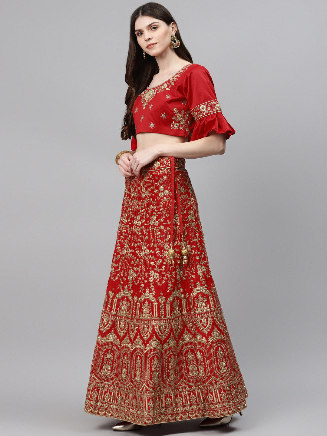 Red Bridal Semi-stitched Lehenga Set with Mughal Motif Embroidery & Crystal Embellished
