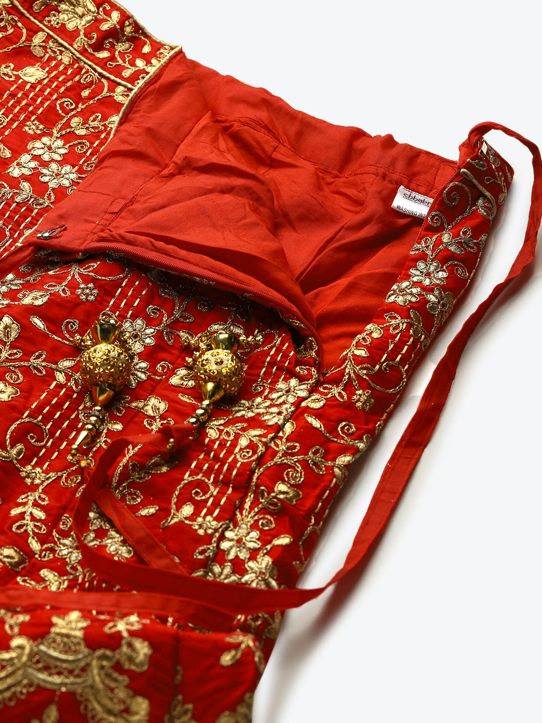 Red Bridal Semi-stitched Lehenga Set with Mughal Motif Embroidery & Crystal Embellished