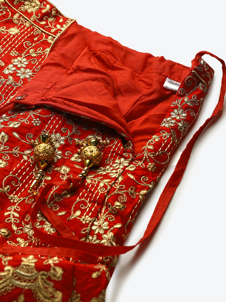 Red Bridal Semi-stitched Lehenga Set with Mughal Motif Embroidery & Crystal Embellished
