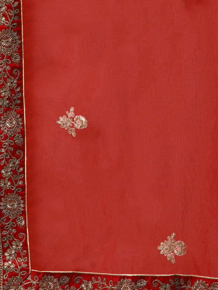 Red Bridal Semi-stitched Lehenga Set with Mughal Motif Embroidery & Crystal Embellished