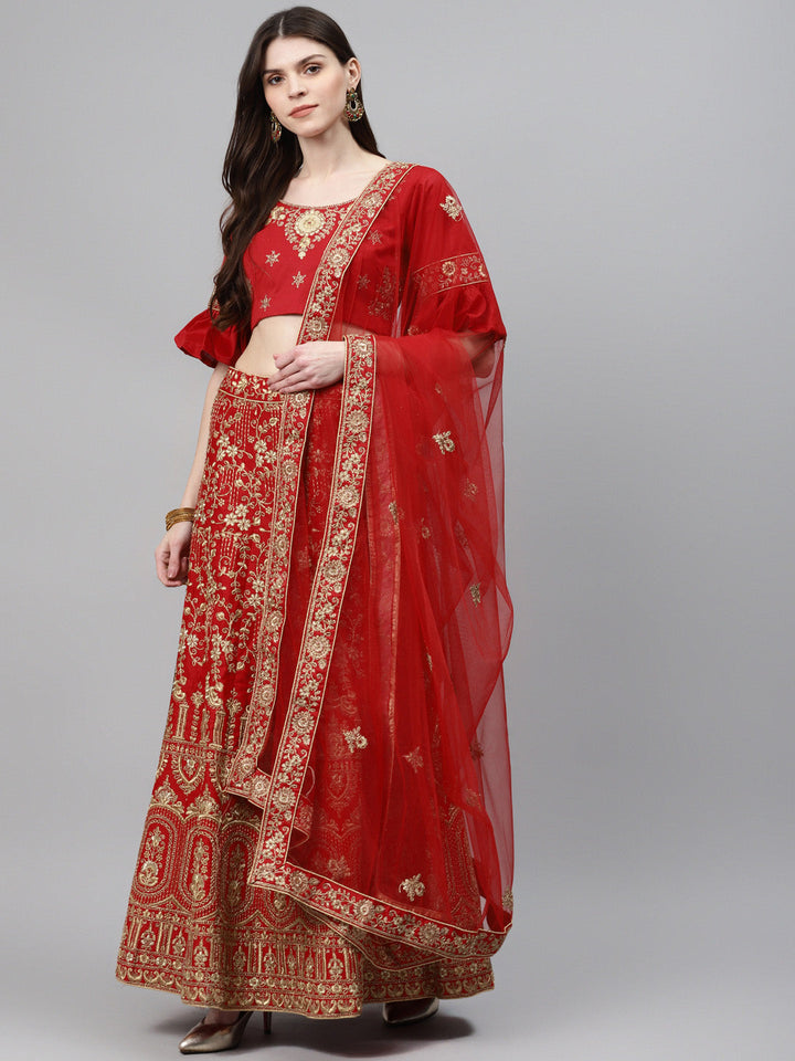 Red Bridal Semi-stitched Lehenga Set with Mughal Motif Embroidery & Crystal Embellished