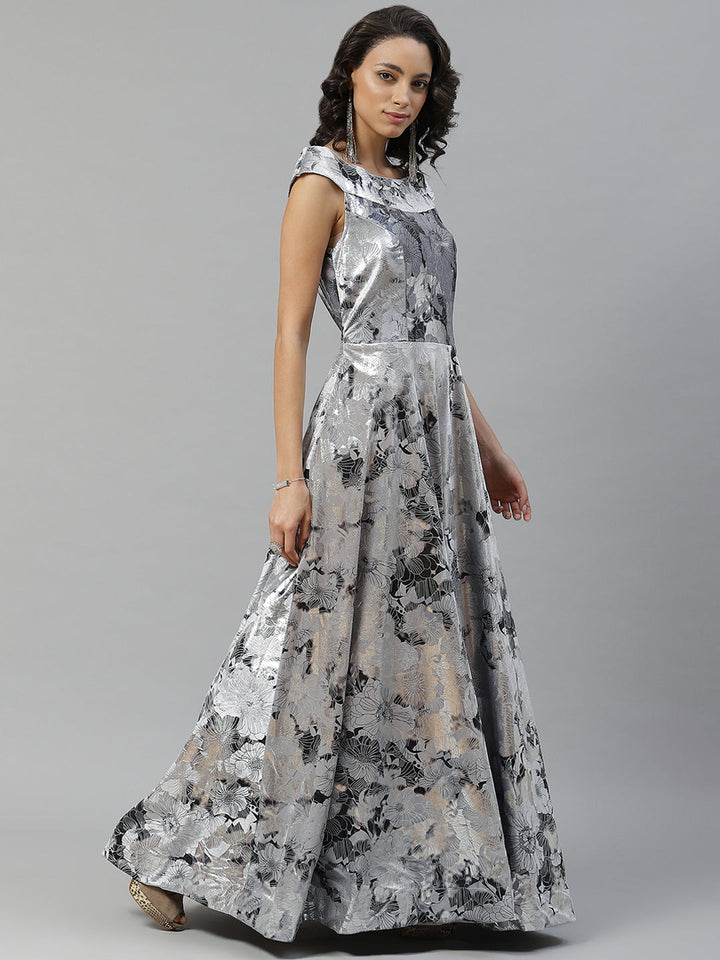 Metallic Silver  Grey Micro Velvet Satin Silk Cocktail Gown With Floral Motifs