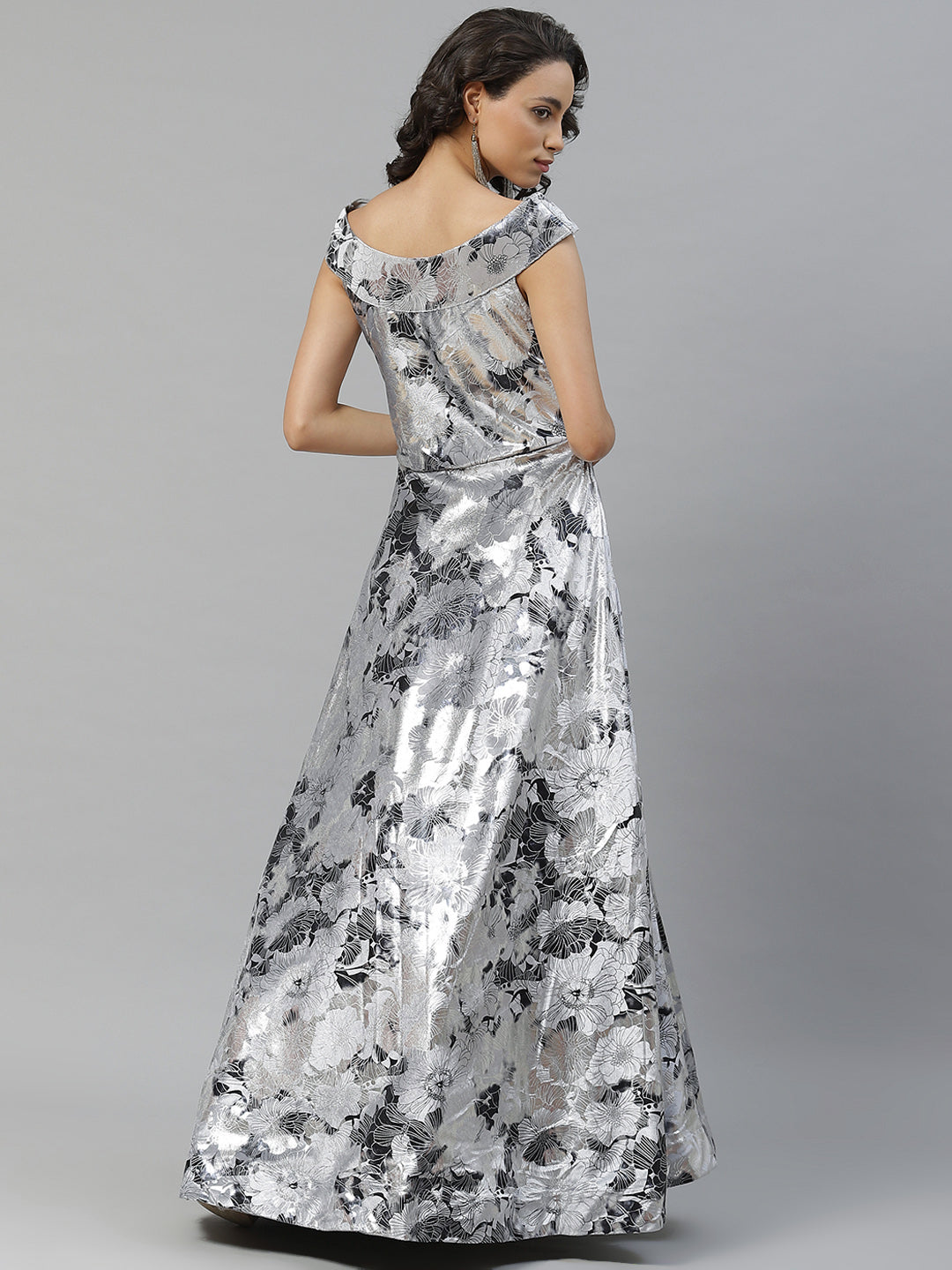 Metallic Silver  Grey Micro Velvet Satin Silk Cocktail Gown With Floral Motifs