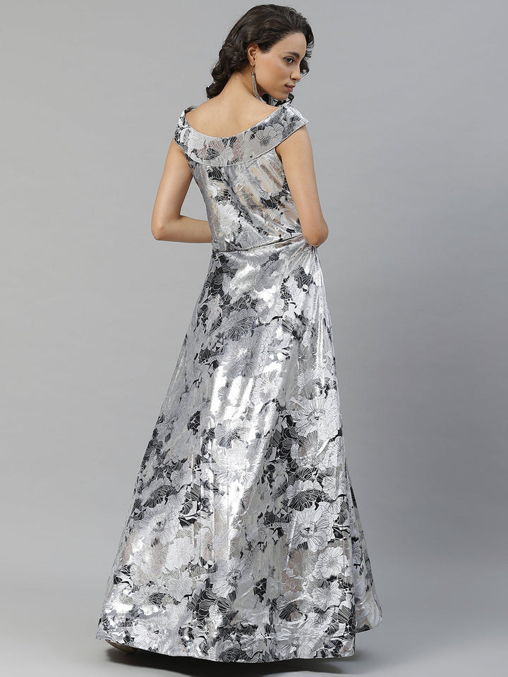 Metallic Silver  Grey Micro Velvet Satin Silk Cocktail Gown With Floral Motifs