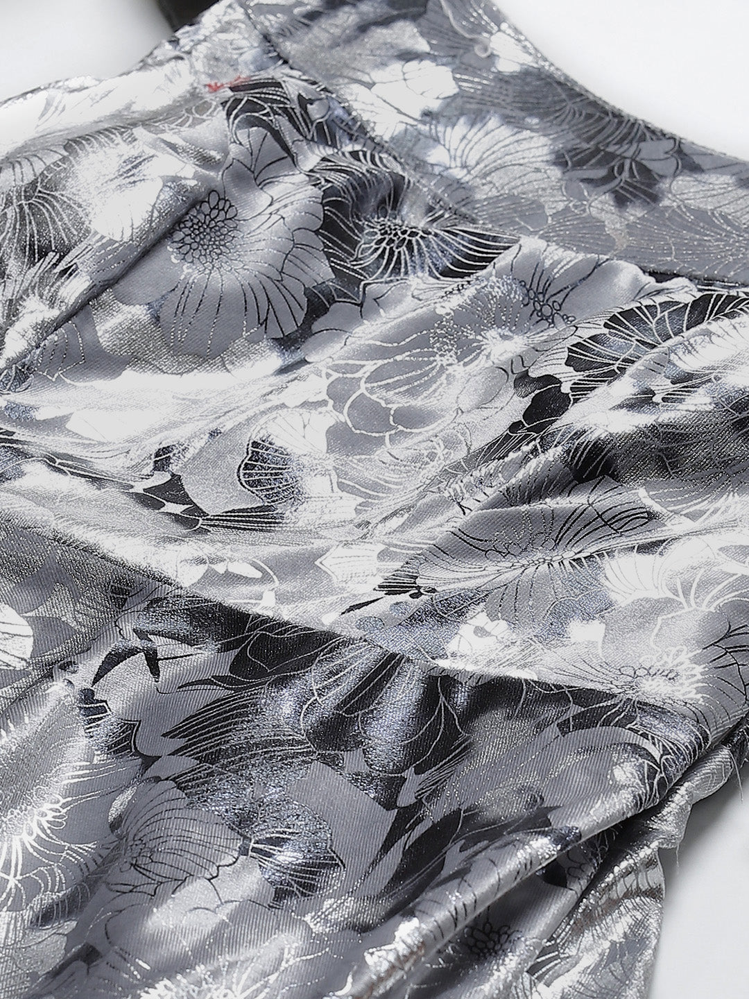 Metallic Silver  Grey Micro Velvet Satin Silk Cocktail Gown With Floral Motifs