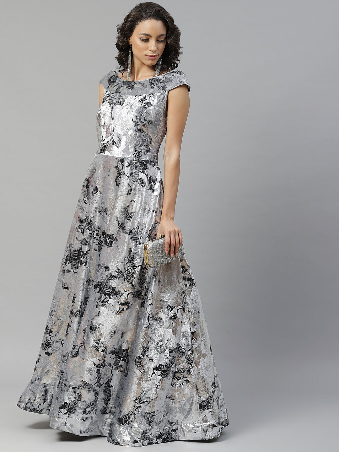Metallic Silver  Grey Micro Velvet Satin Silk Cocktail Gown With Floral Motifs