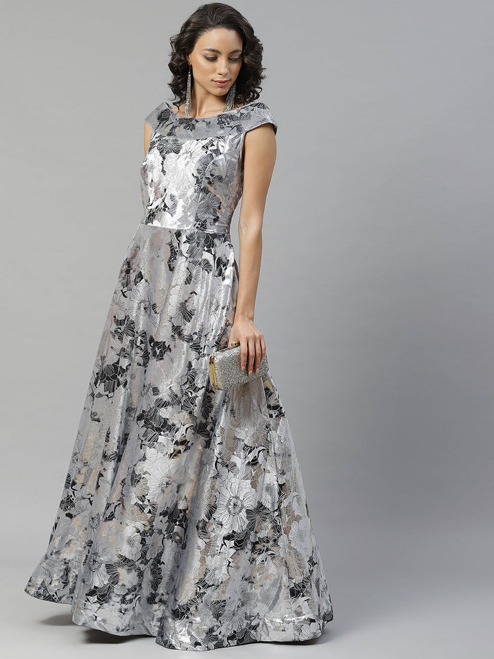 Metallic Silver  Grey Micro Velvet Satin Silk Cocktail Gown With Floral Motifs
