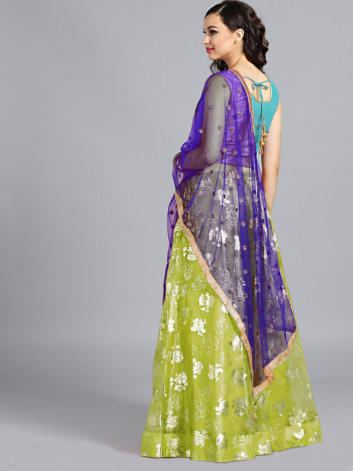 Blue & Green Foil Printed Tissue Hand Embroidered Lehenga Choli With Embroidered Dupatta