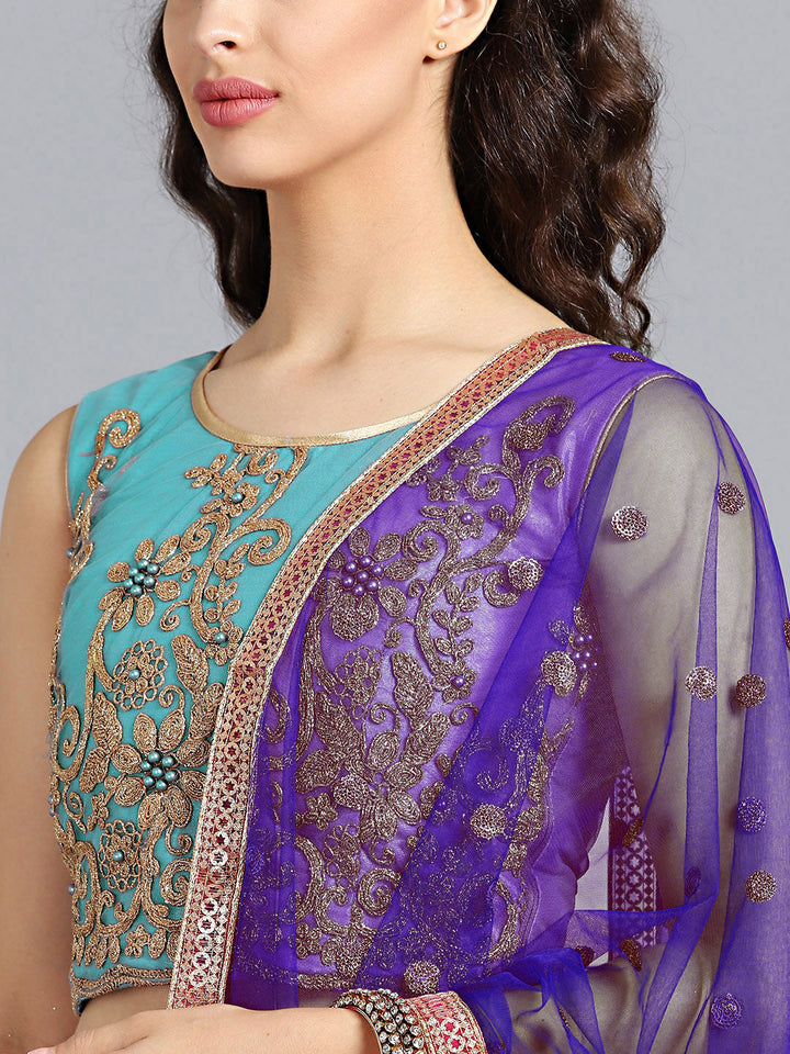 Blue & Green Foil Printed Tissue Hand Embroidered Lehenga Choli With Embroidered Dupatta
