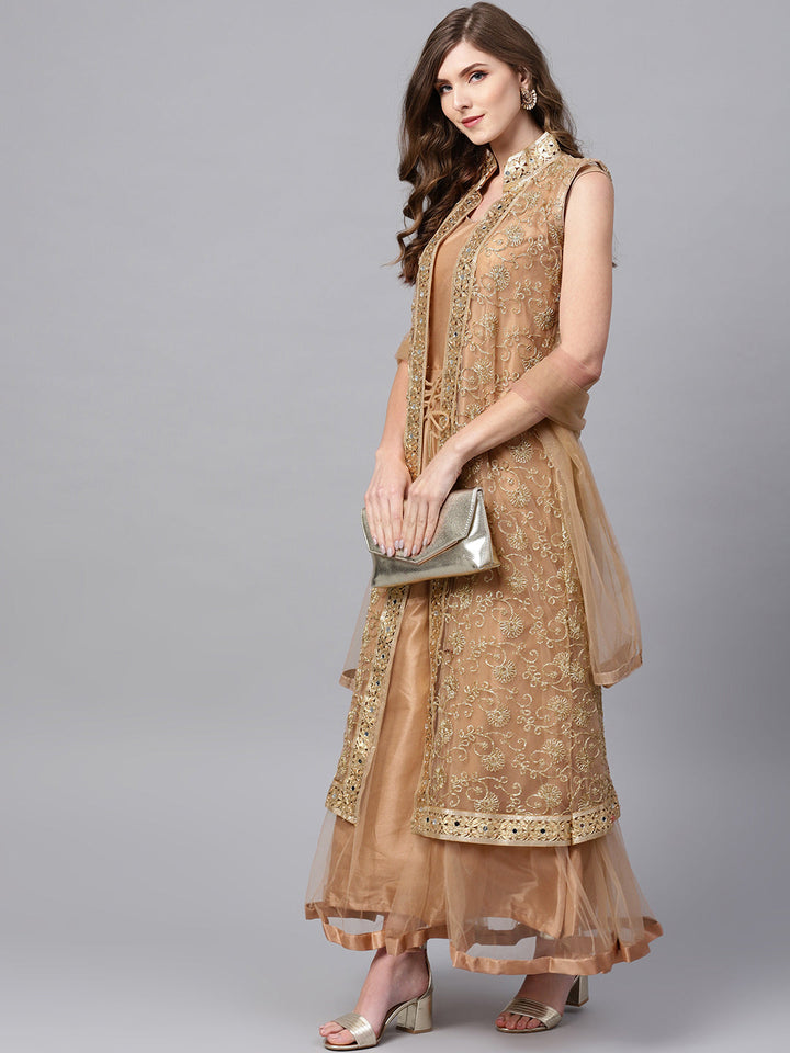 Embroidered Layered Kurta Set with Mirror Embellishments and Jacket