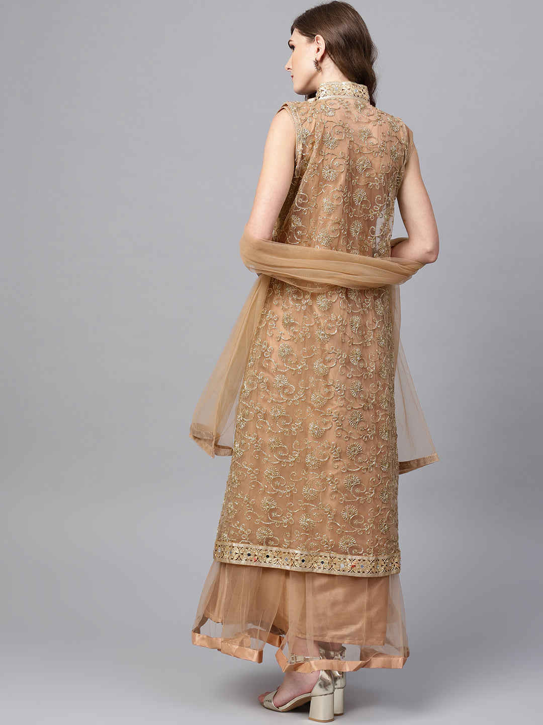 Embroidered Layered Kurta Set with Mirror Embellishments and Jacket