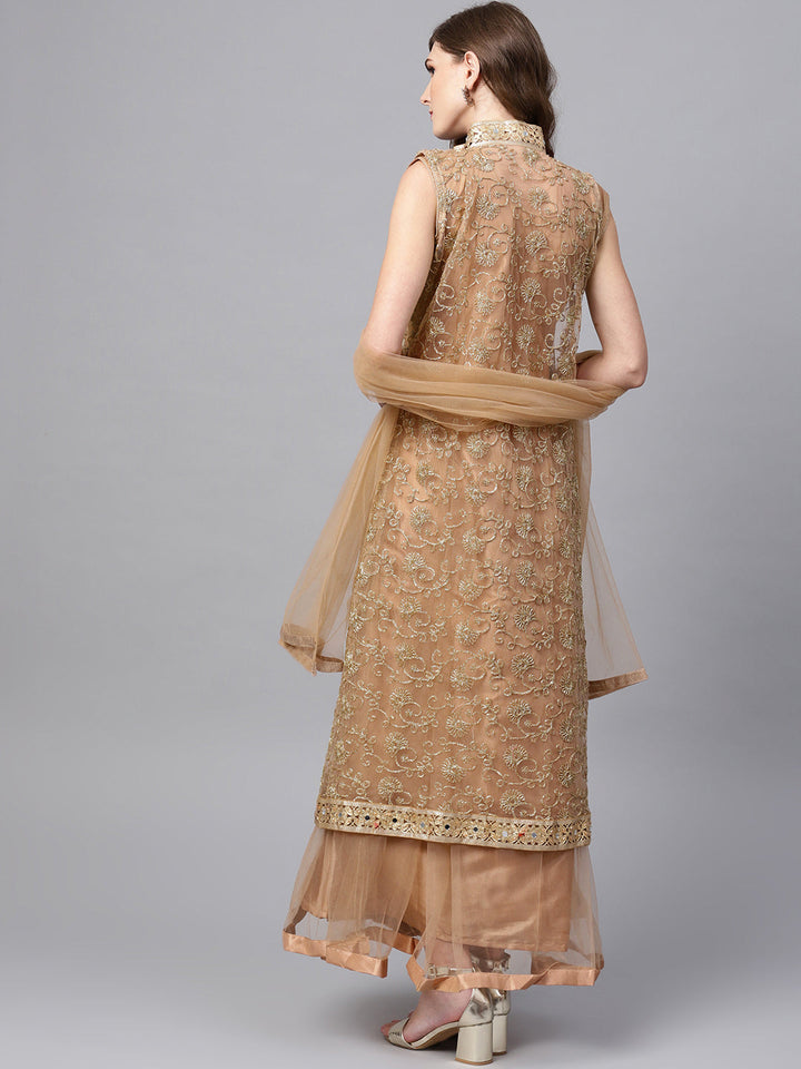 Embroidered Layered Kurta Set with Mirror Embellishments and Jacket