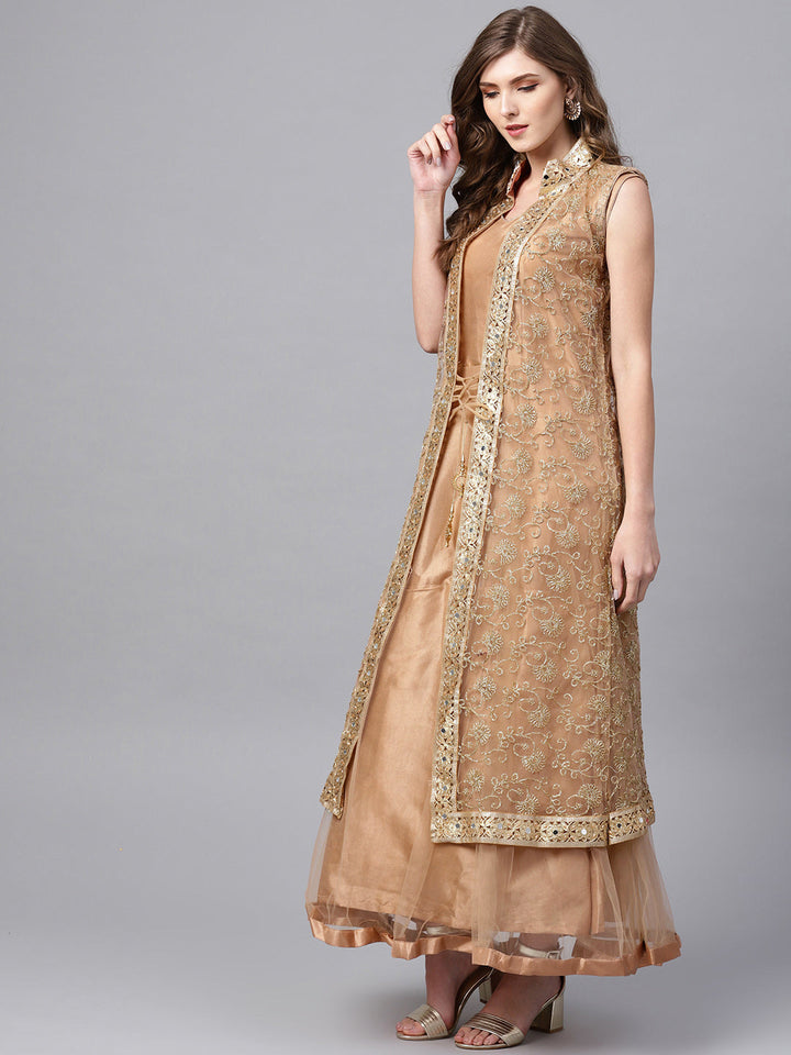 Embroidered Layered Kurta Set with Mirror Embellishments and Jacket