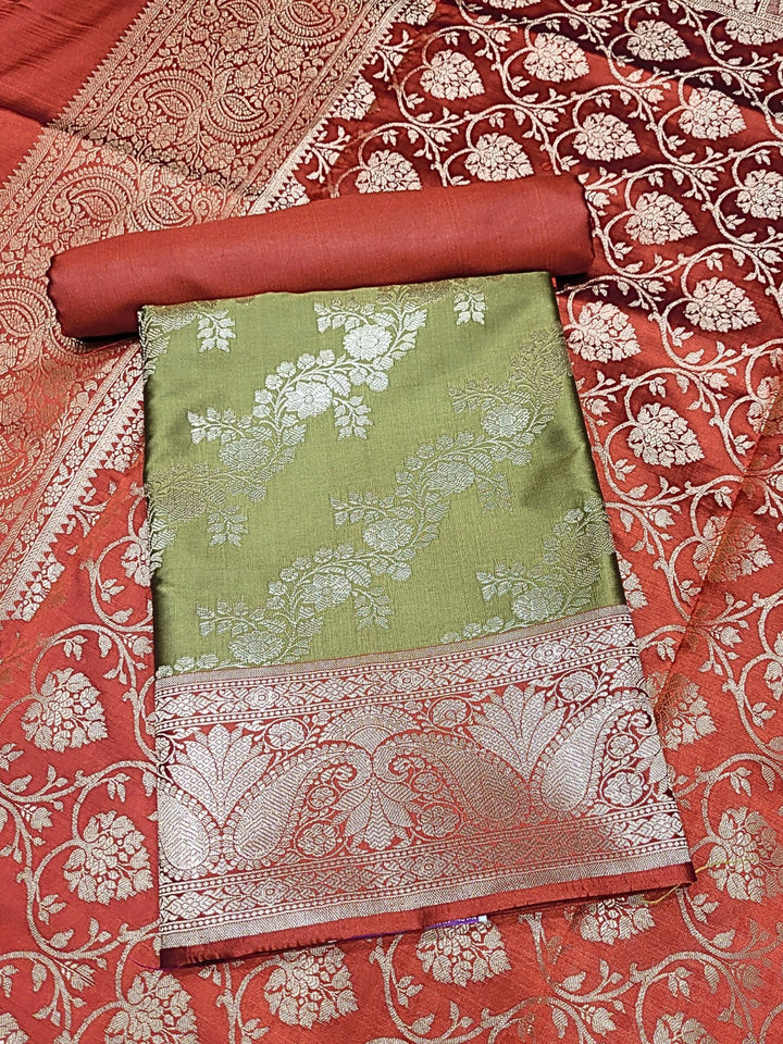 Chhabra 555 Banarasi Silk Dress Material with Contrast Color Weaving & Leheriya Paisley Pattern