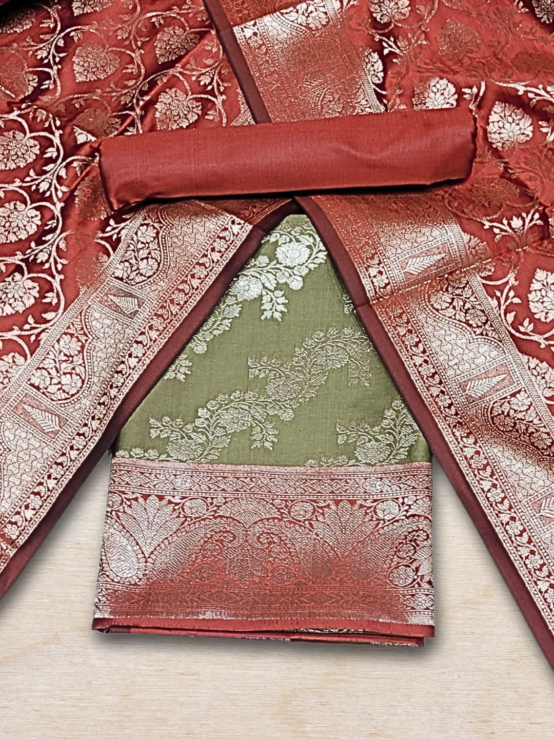 Banarasi Silk Dress Material with Contrast Color Weaving & Leheriya Paisley Pattern