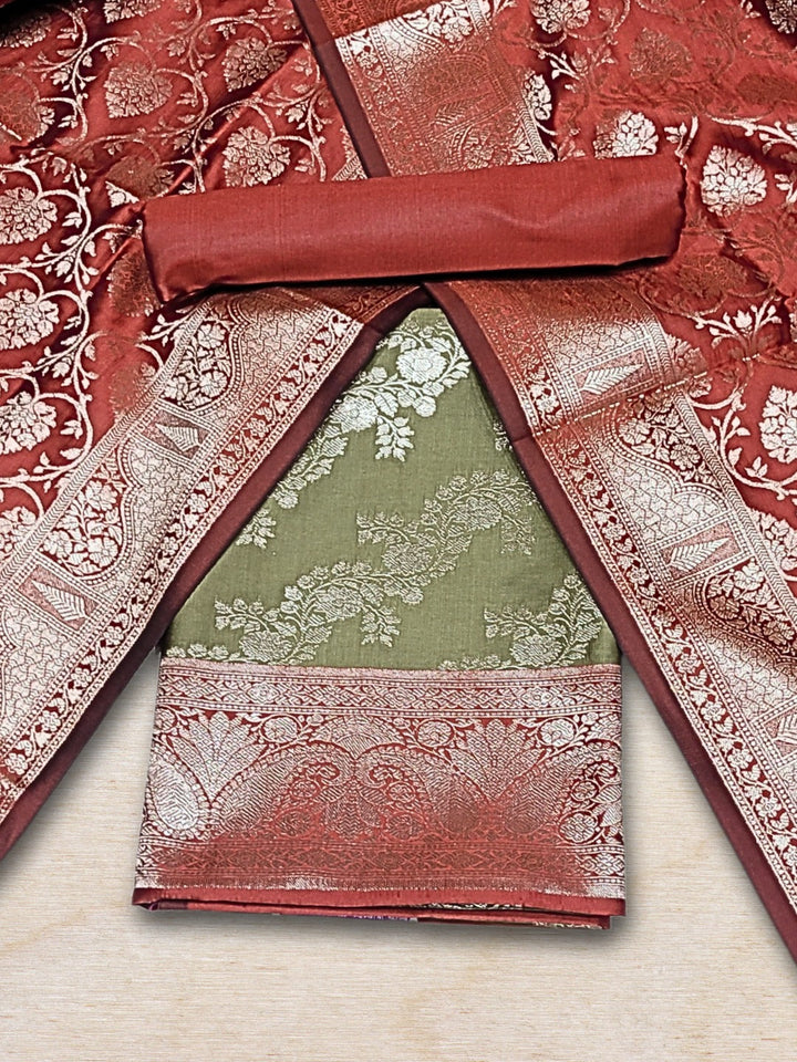 Banarasi Silk Dress Material with Contrast Color Weaving & Leheriya Paisley Pattern