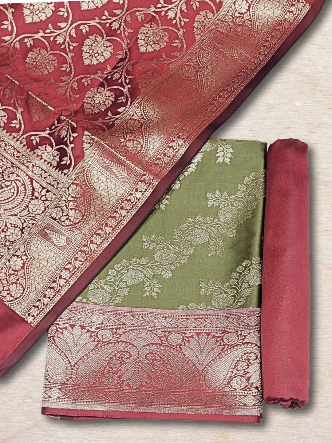 Banarasi Silk Dress Material with Contrast Color Weaving & Leheriya Paisley Pattern