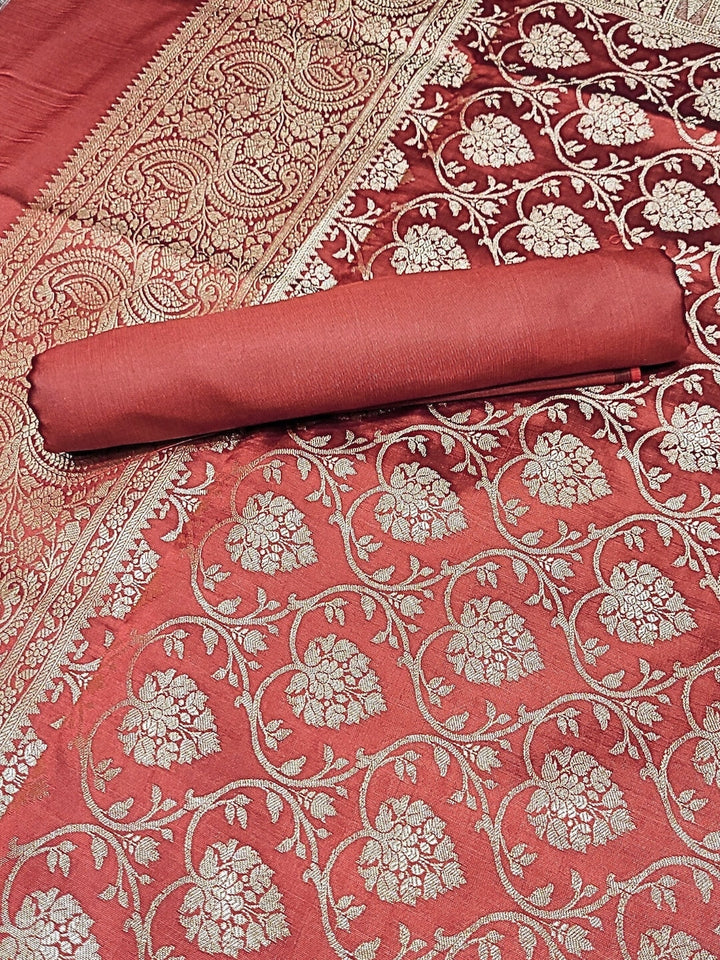 Banarasi Silk Dress Material with Contrast Color Weaving & Leheriya Paisley Pattern