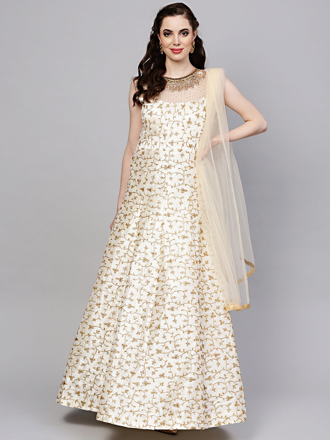 Silk Floor Length Flared Suit with Zari Embroidery