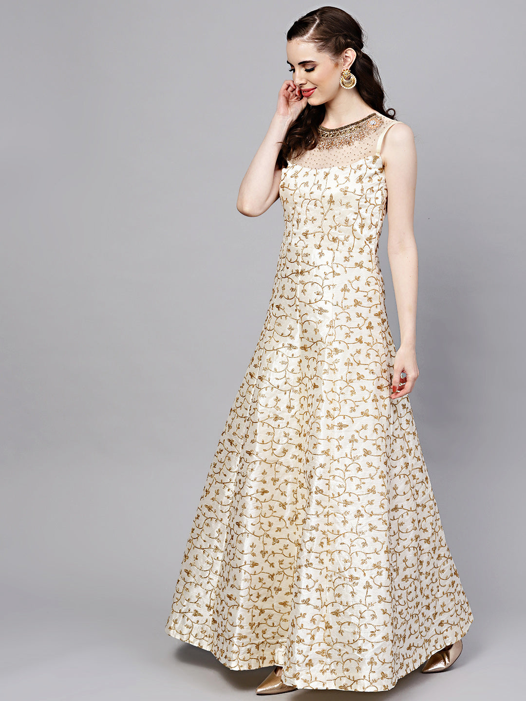 Silk Floor Length Flared Suit with Zari Embroidery