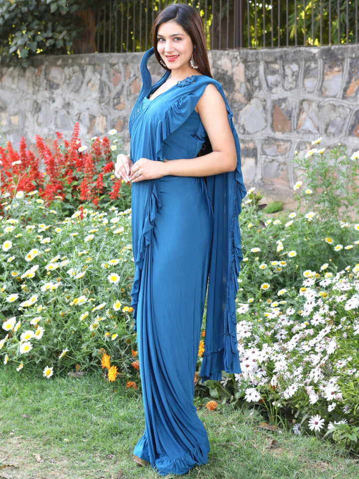 Embellshed Ruffled Saree with Structured Asymmetrical Pleated Blouse