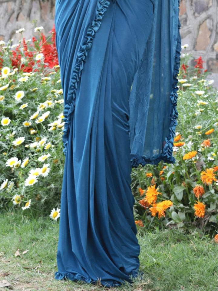 Ruffled Lycra Belted Saree with Cowry Shells & Sequin Embellishments