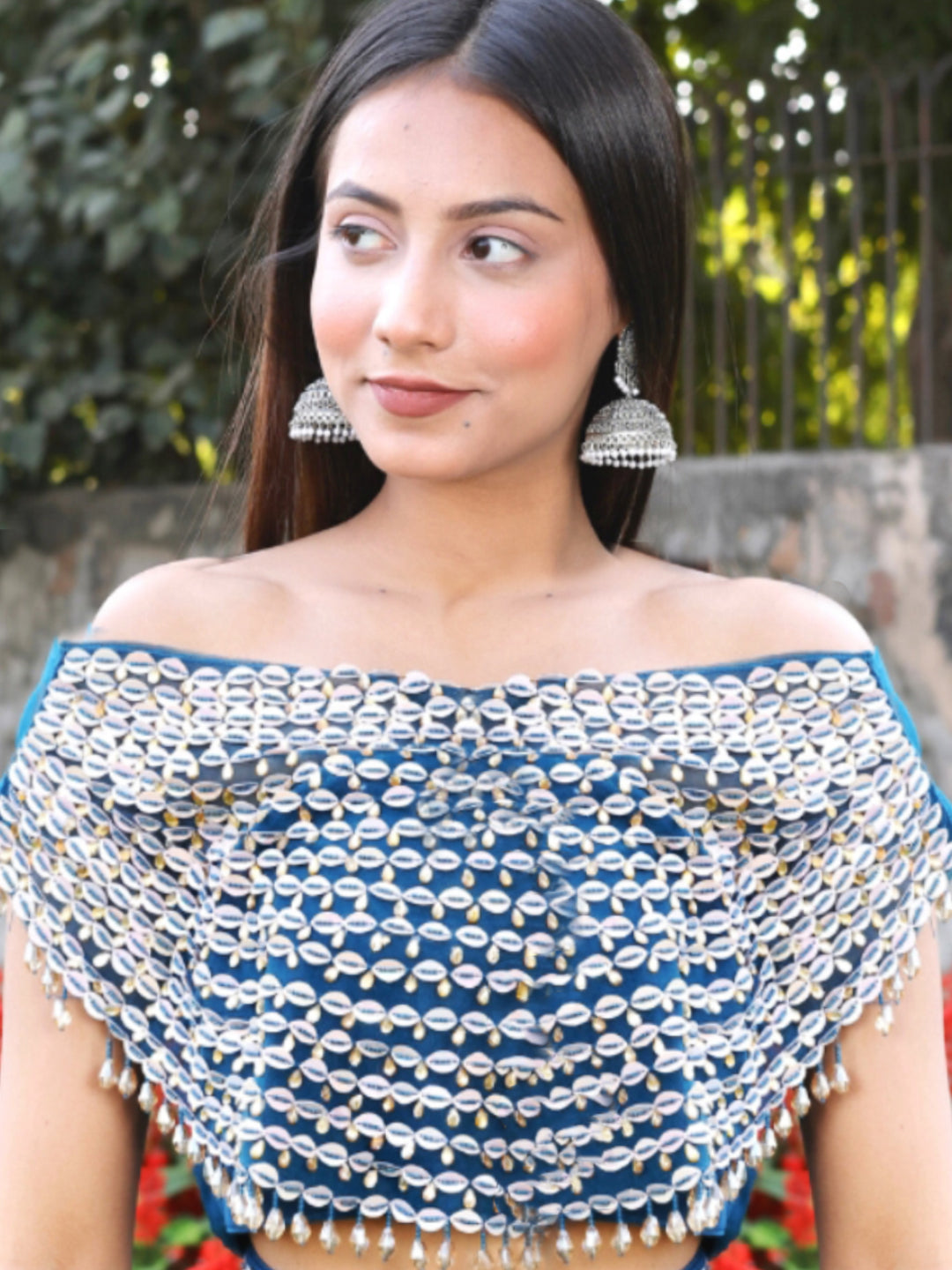 Ruffled Lycra Belted Saree with Cowry Shells & Sequin Embellishments
