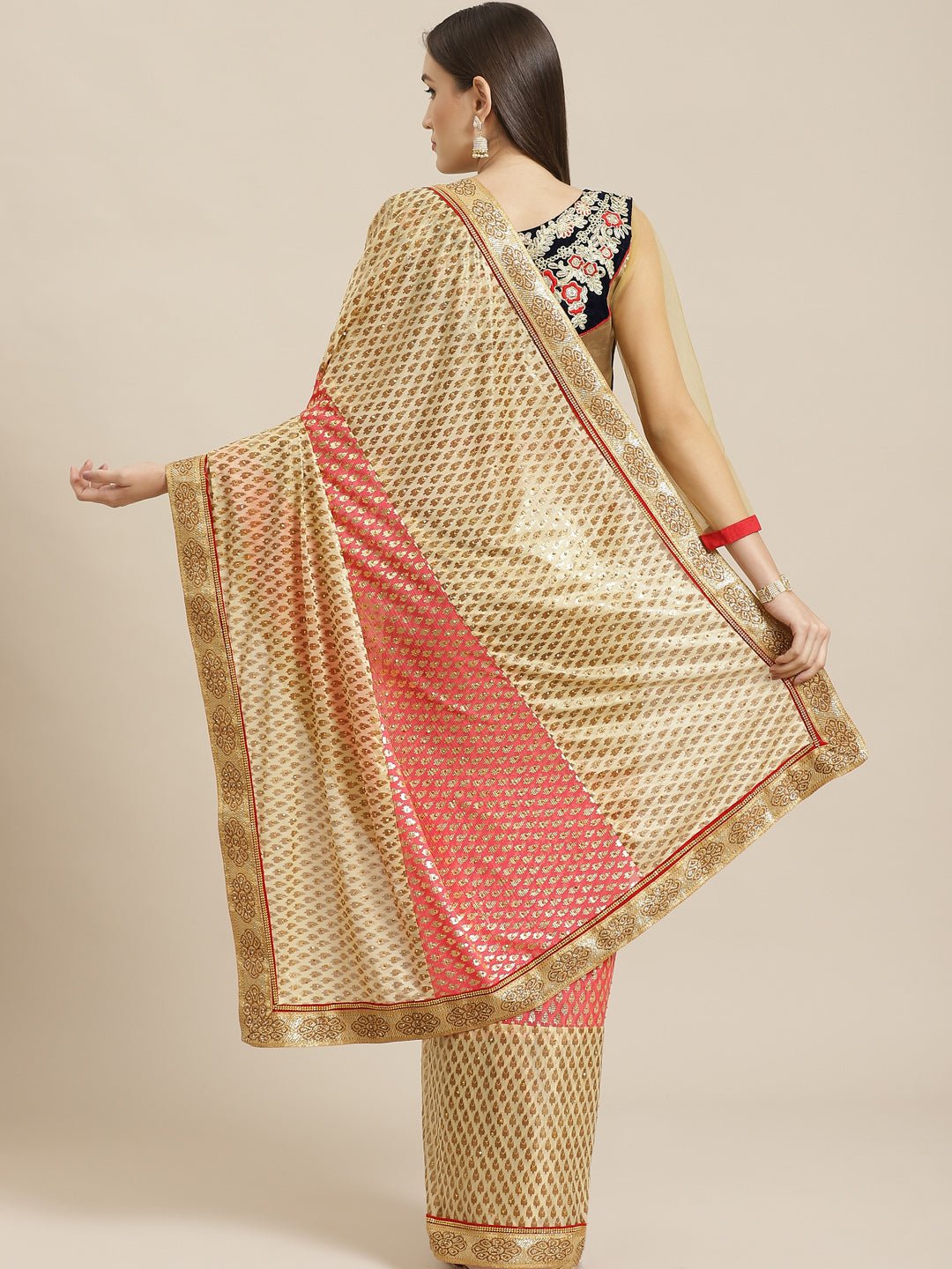 Foil print Beige Coral Traditional Stone Embellished Saree with Fancy Border