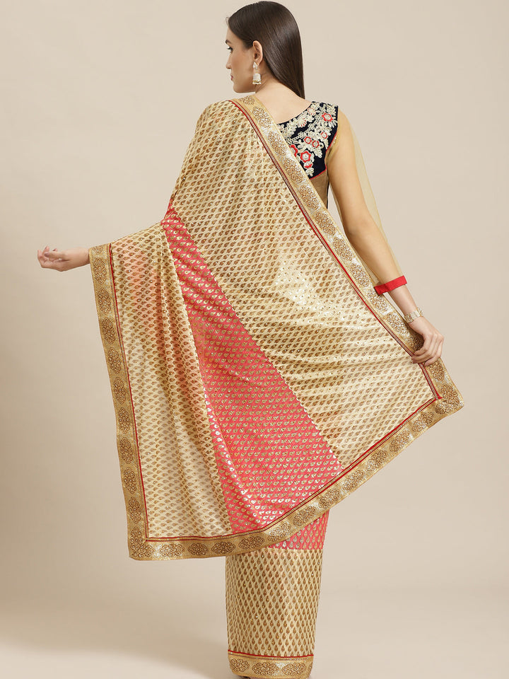 Foil print Beige Coral Traditional Stone Embellished Saree with Fancy Border