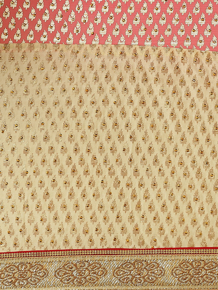 Foil print Beige Coral Traditional Stone Embellished Saree with Fancy Border