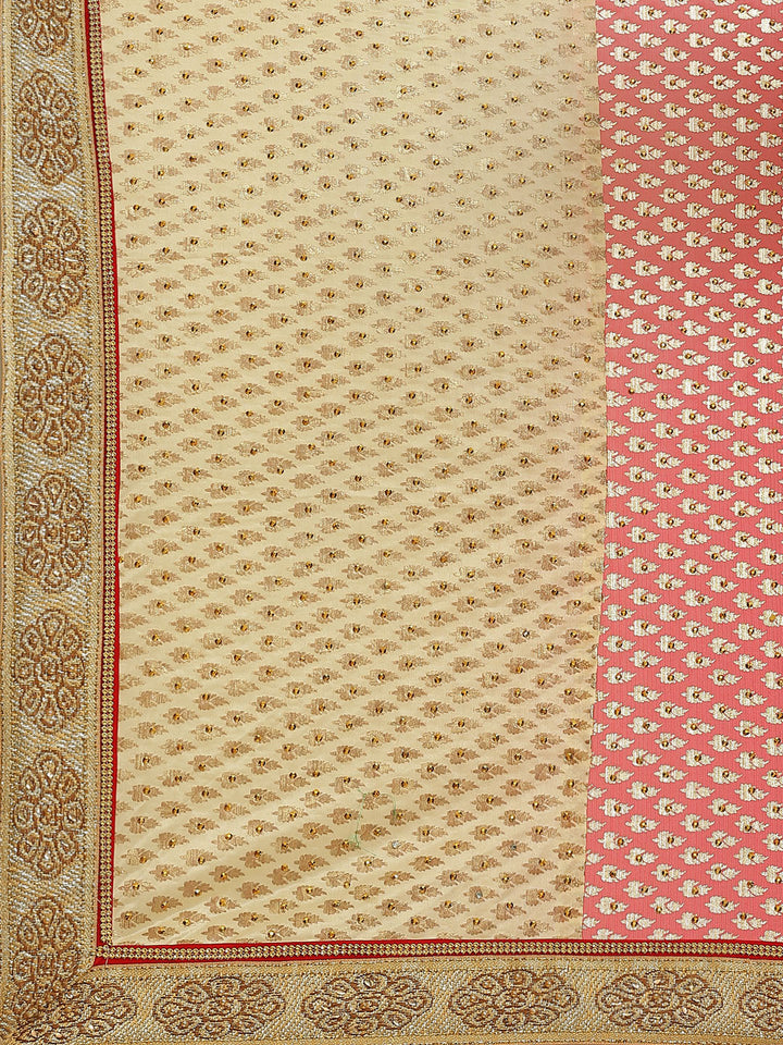 Foil print Beige Coral Traditional Stone Embellished Saree with Fancy Border