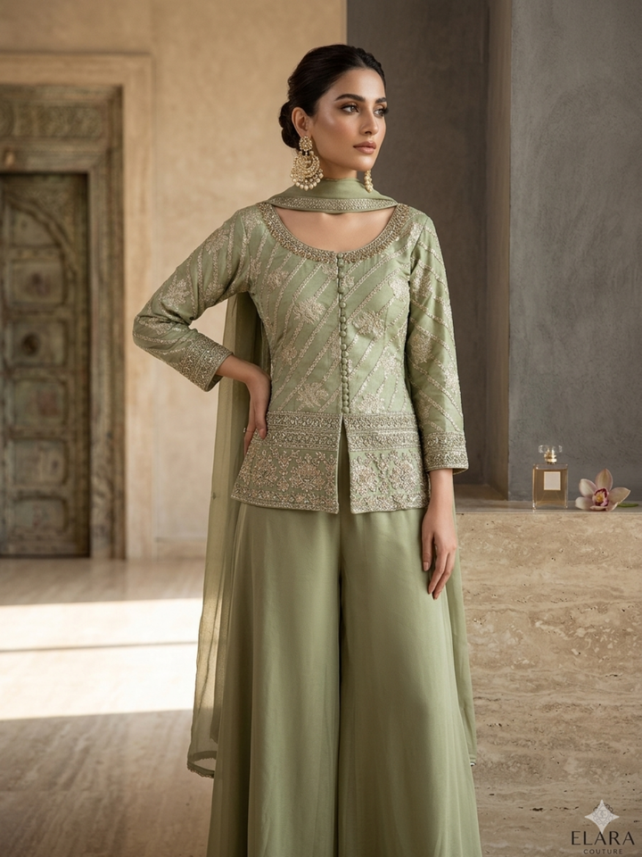 Silk Heavy Zari & Sequin Embroidered Kurti with Palazzo and Dupatta in Sage Green