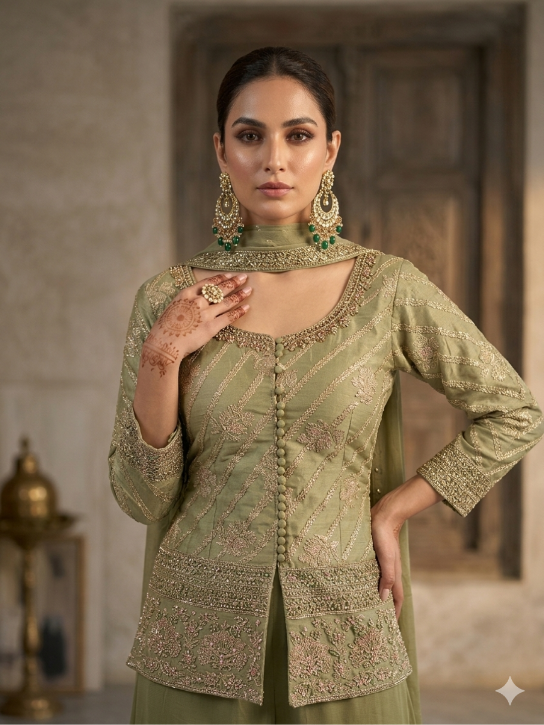 Silk Heavy Zari & Sequin Embroidered Kurti with Palazzo and Dupatta in Sage Green