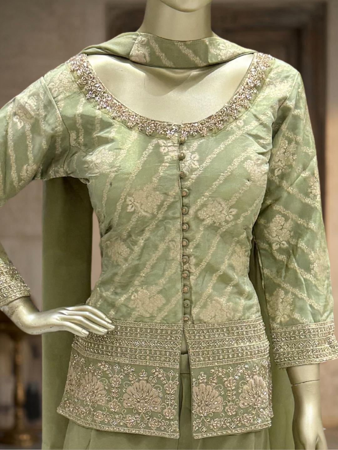Silk Heavy Zari & Sequin Embroidered Kurti with Palazzo and Dupatta in Sage Green