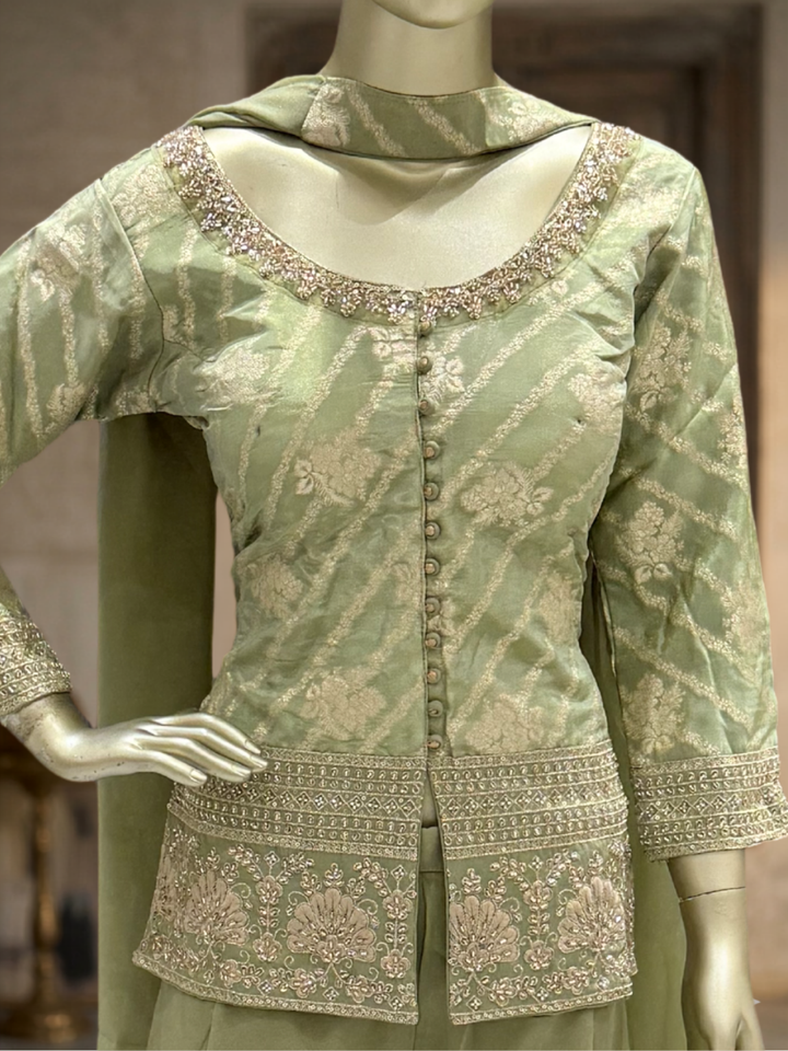 Silk Heavy Zari & Sequin Embroidered Kurti with Palazzo and Dupatta in Sage Green