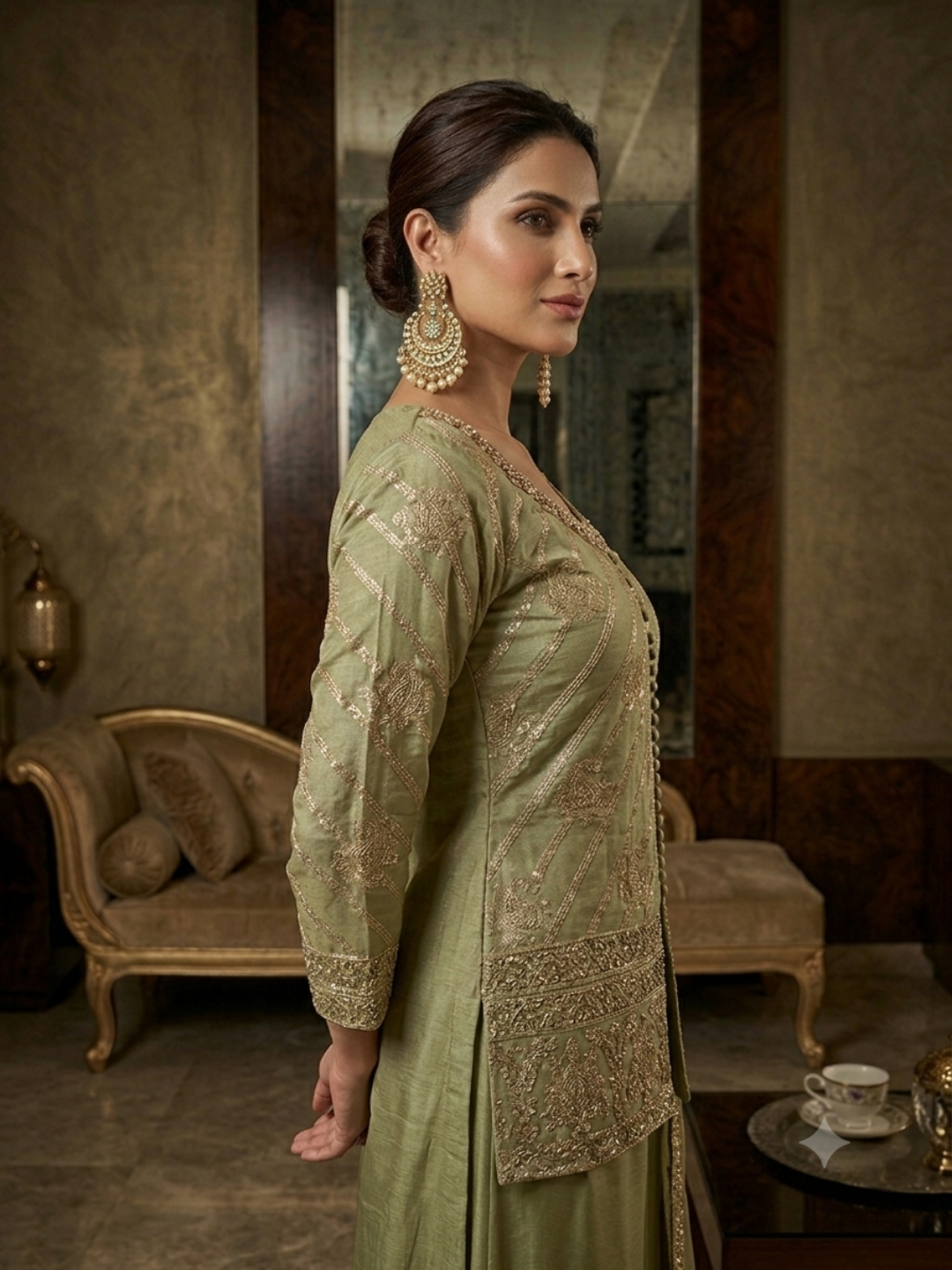 Silk Heavy Zari & Sequin Embroidered Kurti with Palazzo and Dupatta in Sage Green