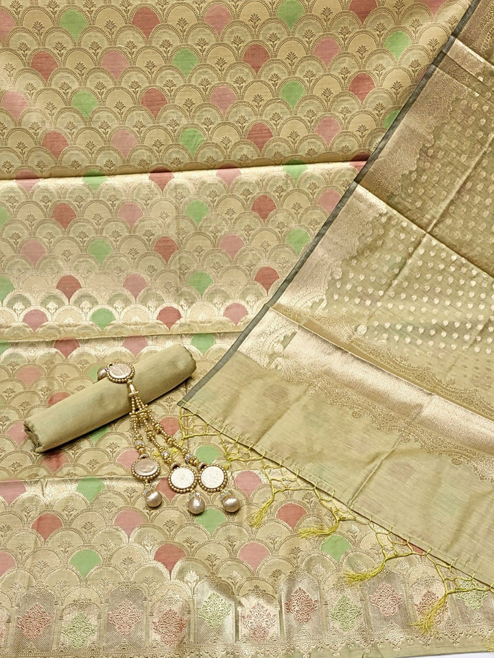 Meeanakari Weaving Banarasi Dress Material with Scalloped pattern & Jhallar Dupatta