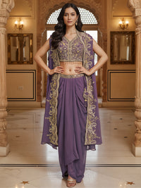 Embroidered Indo-Western Dhoti Skirt Co-Ord Set with Tasseled Crop Top & Scalloped Cape
