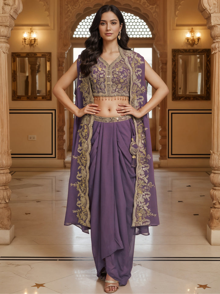 Embroidered Indo-Western Dhoti Skirt Co-Ord Set with Tasseled Crop Top & Scalloped Cape