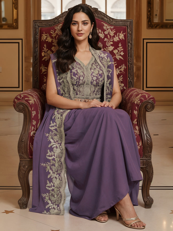 Embroidered Indo-Western Dhoti Skirt Co-Ord Set with Tasseled Crop Top & Scalloped Cape