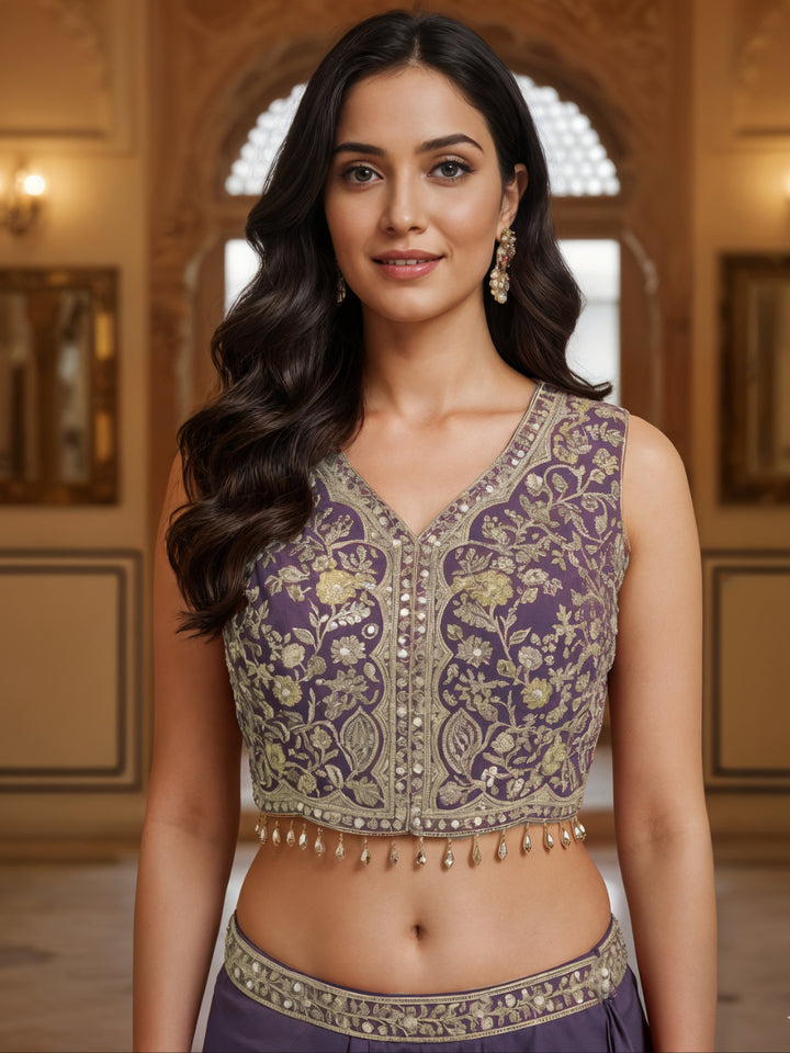 Embroidered Indo-Western Dhoti Skirt Co-Ord Set with Tasseled Crop Top & Scalloped Cape