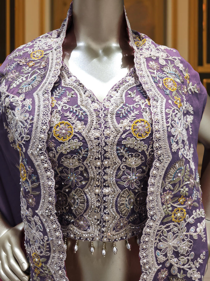 Embroidered Indo-Western Dhoti Skirt Co-Ord Set with Tasseled Crop Top & Scalloped Cape