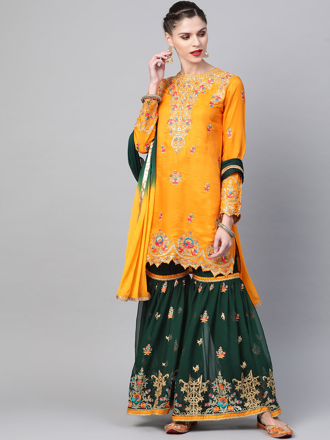 Embellished Kurta Sharara Set with Zari and Resham