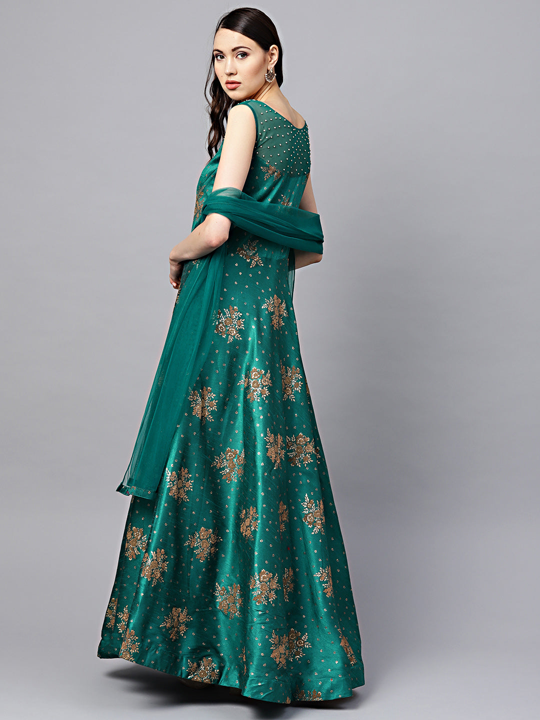 Anarkali Kurta Set with Pearl Embellishments and Foil Print