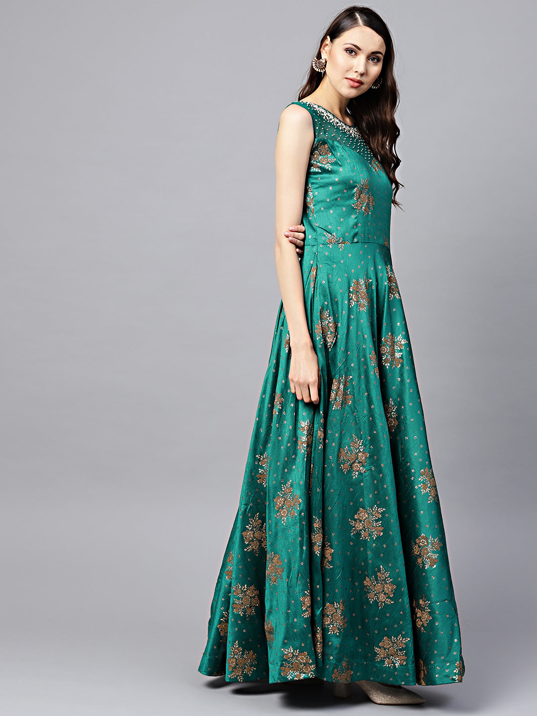 Anarkali Kurta Set with Pearl Embellishments and Foil Print