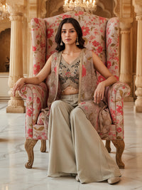 Embroidered Indo-western Pallazo Set with Scalloped Tasseled CropTop & Floral Print Cape