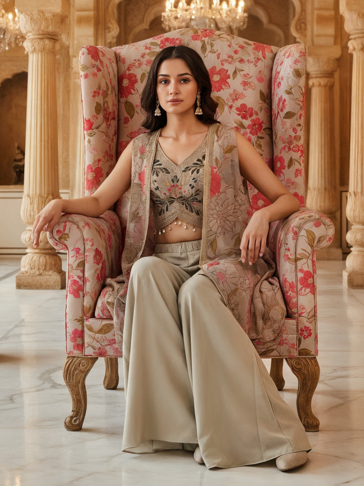 Embroidered Indo-western Pallazo Set with Scalloped Tasseled CropTop & Floral Print Cape