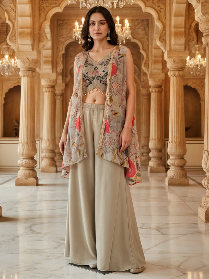 Embroidered Indo-western Pallazo Set with Scalloped Tasseled CropTop & Floral Print Cape